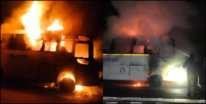 image: Bus started burning late night in dehradun.